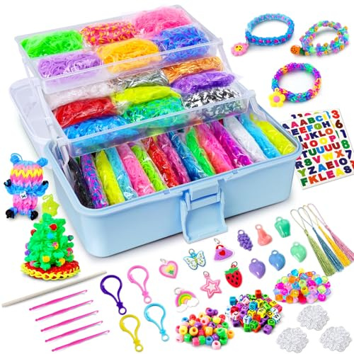 ROSHUKG Kit de 45 Colores de Gomas Elásticas con Recipiente de 3 Capas, Gomas para Hacer Pulseras para Niños, Niñas, Regalo para Tejer (Azul)