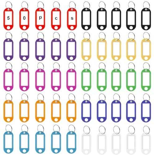 50 Stück Schlüsselanhänger, Kunststoff Schlüsselschilder mit Schlaufen ,Schlüsselanhänger Beschriftbar Etiketten,Schlüsselanhänger für Schlüssel, Haustiere, Gepäckstücke,10 Farben Austauschbar