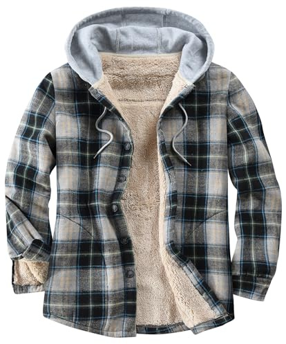 Derbars Herren Baumwolle Plaid Shirts Jacke Fleece Gefüttert Flanell Hemden Sherpa Button Down Jacken mit Kapuze für Männer, Hell, blau, 3X-Groß