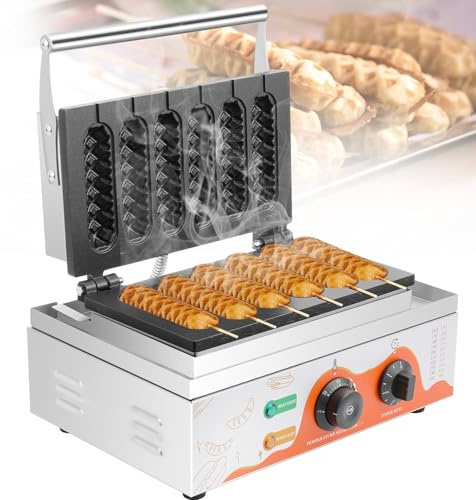 Moongiantgo Commercial Corn Dog Waffle Maker - 6 PCS 1550W Stainless Steel, 50-300℃ Adjustable Temp Control, 5-min Timer, Waffles on a Stick Maker (220V)