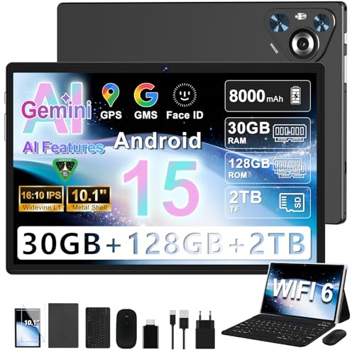 Tablet Android 15, 30GB RAM 128GB ROM(TF 2TB Expandible), 10 Pulgadas, 8000mAh, WIFI 5G, GPS/BT5.0/OTG, Face ID, Widevine L1, Tableta de Cuerpo Metálico con Teclado, Mouse y Funda Protectora -Negro