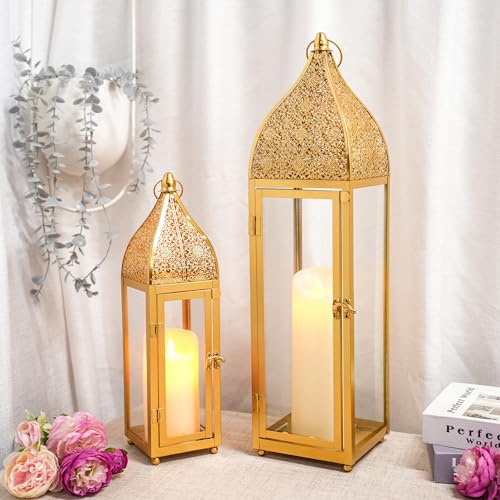TRIROCKS 2-pack marockanska ljuslyktor, 56 och 38 cm stor metalllykta set med härdat glas, hängande eller fristående dekor för öppen spis, hall, bröllop, ramadan och täckt uteplats