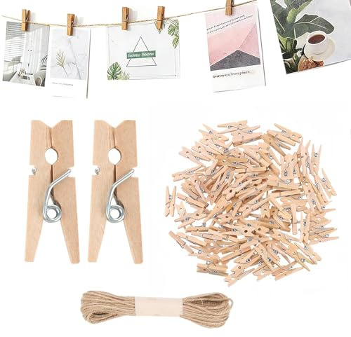 Juego de 100 Mini Pinzas de Ropa de Madera Natural de 30MM con Cuerda de Yute de 10M para Decoración y Proyectos DIY Colgar Fotos con Pinzas