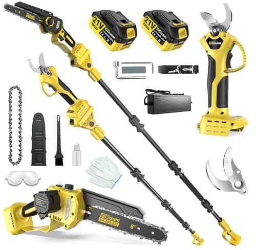 Mini motosierra de 8 pulgadas con barra telescópica y batería eléctrica tijeras de podar 4 en 1, juego de herramientas de jardín con batería de 2 × 4,0 Ah, motor sin cables, barra de extensión de