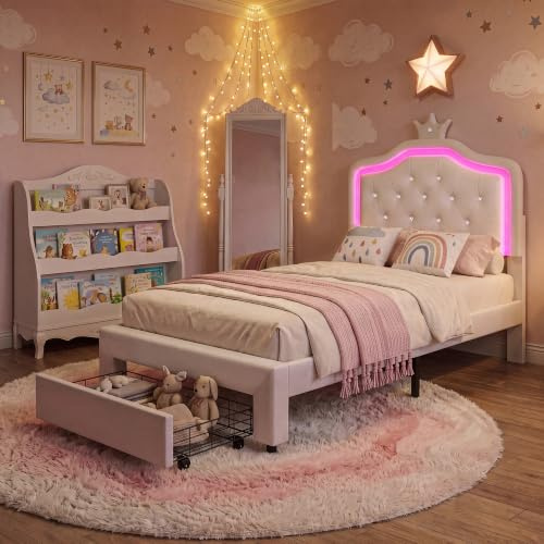 HYNHXBP 3FT Princess Single Bed Frame for Girls, 90 * 190cm Kids Upholstered PU Leather Bed with LED Crown Headboard, Pull-Out Underbed Storage Drawer, Wooden Slats,White
