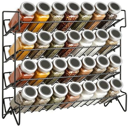 Romon Noir Etagere Epices en Acier Carbone à 4 Niveaux, Porte-épices Cuisine Amovible Murale et Posable, Rangement et Organisateur Compact pour Domestique, 34.5x11.4x26.7cm -Verres à épices Non Inclus