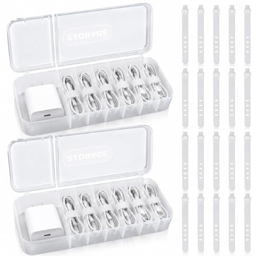2 cajas de almacenamiento de cables, 7 compartimentos con 20 bridas | Caja organizadora de cables, almacenamiento de cable transparente, doble apertura con tapa, para escritorio