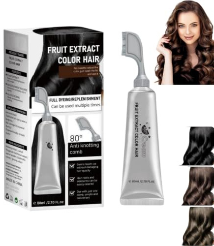 Fruit Essence Hair Dyeing Comb, Permanent Grey Coverage Root Touch-Up Cream | Natural Plant-Based Formula with Fruit Extracts, Gentle Hair Colour for Men Women, 80ml, Black