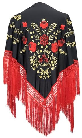 La Señorita Foulard cintura chale manton de manila Flamenco di danza nero rosso oro frangia rosso Large