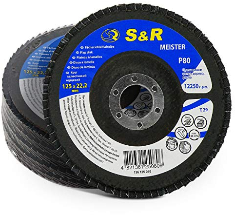 S&R Fächerschleifscheiben-Set 5-teilig für Winkelschleifer Körnung 80, 125 x 22,2 mm, Schleifscheiben, Lamellenscheiben, Schruppscheiben, Fächerscheiben, zum schleifen von Holz, Metall, Stahl