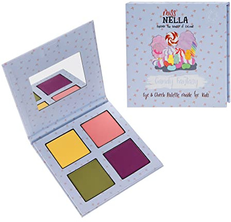 Miss Nella Candy Fantasy Kids Maquillaje Paleta de ojos y mejillas con 4 tonos deliciosos para niños con práctico pequeño espejo compacto