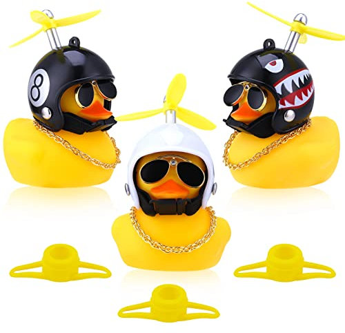 RosewineC 3 Pcs Yellow Duck Car Dashboard Decorations, Rubber Duck Toy Ornaments with Cool Propeller Helmet Gold Chain Sunglasses for Car Bike Motorcycle Desk(Small)