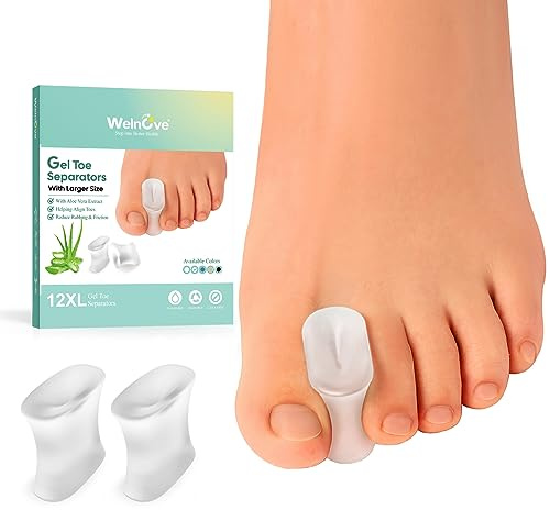 Welnove Upgraded Gel Toe Separators – 12-Pack Aloe Vera Extract Infused Silicone Toe Spacers for Straightening Overlapping Toes, Bunions, Calluses – Bunion Corrector for Men and Women (X-Large Size)