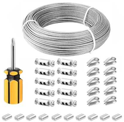 ZONADAH 3 mm 50 m 304-Edelstahl-Vinyl-beschichtetes Hängedrahtkabel-Set mit Kauschen, Crimphülsen, Drahtseilklemmen für Gartenpflanzen, Bildleuchten, hängende Wäscheleinen, Rigging-Draht