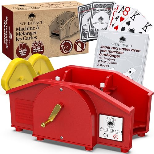 Weidebach Mischiatore di carte rosso manovella dorata per tutti i giochi di carte standard, con 2 mazzi & manovella di ricambio, dispositivo per mescolare le carte con libretto per serate di gioc