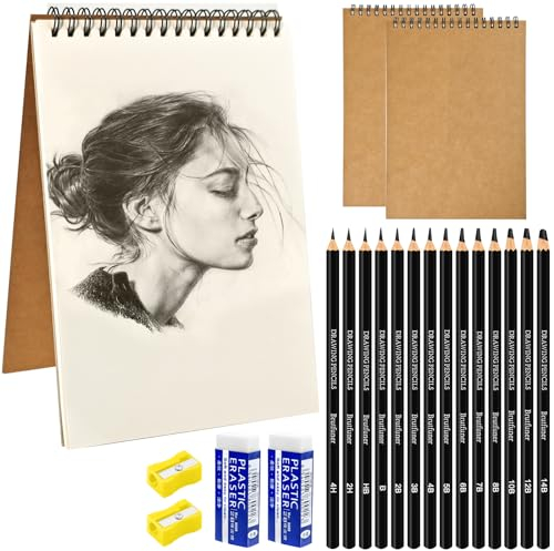 Holseylex 3 Stück Skizzenblock A5, Skizzenbuch 120gsm, Skizzenblock Kinder Erwachsen, Skizzenblock mit Spiralbindung, Skizzenblock Säurefreies für Zeichnungen mit 14 Bleistifte, 60 Seiten/30 Blatt