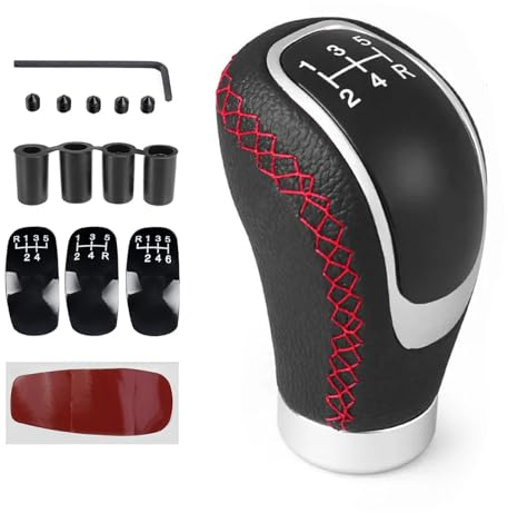 Juttzzei Schaltknauf 5 Gang, Universal Schaltknäufe, Premium-Leder Schalthebel Auto, Manueller Schaltknauf mit 4 Adaptern 8mm 10mm 11mm 12mm für Manueller Autos mit 5 Gang Schaltgetriebe - Rot