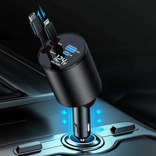 GLILAVOX Chargeur de Voiture rétractable,Chargeur de Voiture 4 en 1 pour iPhone et Type C 60W,Câbles rétractables et 2 Ports pour iPhone 17/16/15/14/13,Samsung Galaxy(Noir)