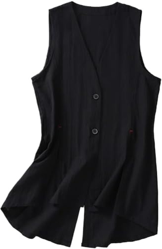Mujeres de Cintura Alta Chaleco Largo de Lino Casual Suelta V Cuello Chaleco sin Mangas Chaqueta Primavera Verano Casual sin Mangas de algodón Chaleco de Lino (Negro,XXL)