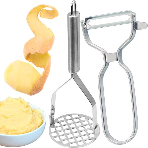 Machacador de patatas y Pelador de patatas - Utensilios de cocina - Pasapures de acero anoxidable de Alta Calidad, Chafador de patatas, facil de limpiar y seguro para lavavajillas.