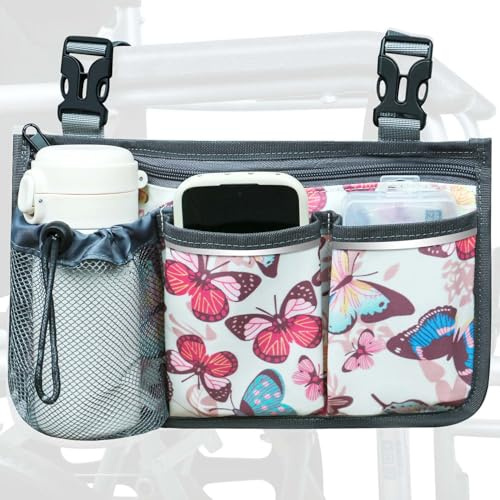 SHIFANQI Wheelchair Bag, Walker Bag, Wheelchair Side Bag, Armrest Organizer Pouch with Cup Holder Attachment and Reflective Strip, Accessories for Most Wheelchairs, Walker, Rollators, Butterfly