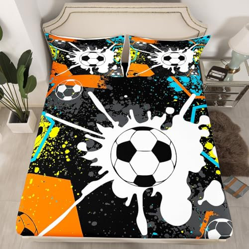 Loussiesd Juego de sábanas bajeras de fútbol para niños y niñas, juego de ropa de cama con diseño de pelota de fútbol, juego de sábanas deportivas de rugby, regalo individual para amantes del fútbol,