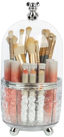 Fhmidic Soporte giratorio de 360 grados para brochas de maquillaje con tapa, organizador de maquillaje transparente a prueba de polvo para tocador, baño, oficina, organizador de cosméticos giratorio