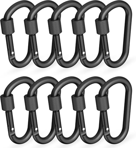 10 Pcs Locking Carabiner, 6cm Aluminum Alloy D-Ring Locking Carabiner, Black Carabiner with Screw Lock for Outdoor, Fishing, Hiking, Traveling, Fishing, Backpack