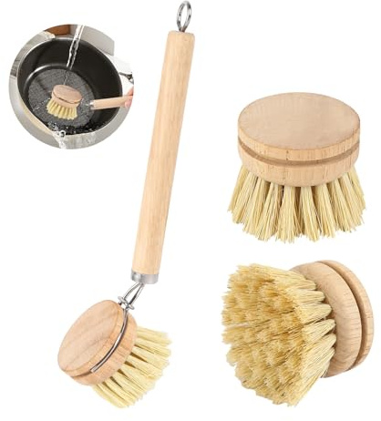 Bamboo Dish Brush Natural Dish Brush with 3 Replacement Heads Long Handle Bamboo Brushs Plastic Free Washing Up Kitchen Eco Wooden Dishs Brushs for Washing and Cleaning Pot Pan Washing Bow