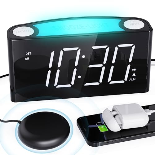 Despertador con vibración para personas con sueño profundo y con discapacidad auditiva, cargador tipo C, 12/24 h, despertador fuerte con luz nocturna de 7 colores, pantalla LED grande, regulador