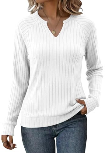 Cuptacc Pull Femme Chic Et Elegant Sweat Femme sans Capuche Col en V Manches Longues Automne Hiver Mode Haut Blanc Grand L 42-44