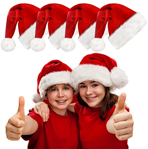 kortes 4 Pack Plush Kids Santa Hat, Unisex Christmas Hats Classic Velvet Fabric Comfort Double Line Plush Santa Hat for Kids Children Toddler New Year Party Supplies (Red-4Pack)