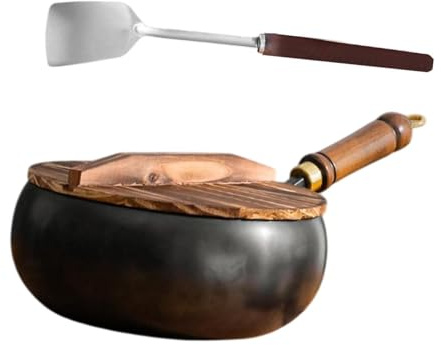 BEALIFE Nonstick wokpanna med trälock och spatel Wokpanna i järn lämplig för olika matlagningsstilar och tekniker Spishäll Induktionsspis Kokkärl Grytor Matlagning