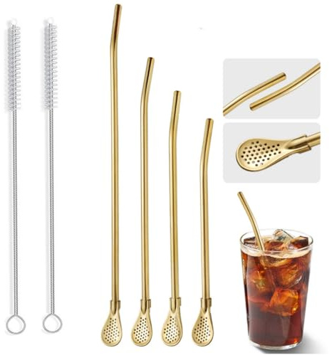 4 cucharas de paja de acero inoxidable dorado, cuchara de paja de metal reutilizable 2 en 1 con 2 cepillos de limpieza, cuchara de filtro de paja para filtrar sedimentos, té de hojas sueltas y agitar
