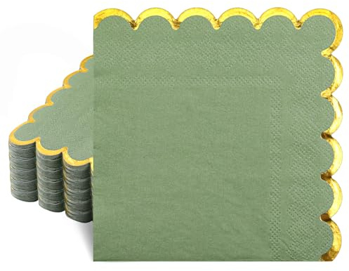 Lot de 100 serviettes en papier jetables avec gaufrage en feuille d'or - Vert eucalyptus - 33 x 33 cm - Pour mariage, dîner, anniversaire, anniversaire de mariage
