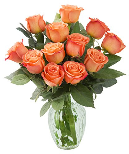 KaBloom PRIME NEXT DAY DELIVERY - Bouquet of 12 Fresh Orange Roses with Vase .Gift for Birthday, Sympathy, Anniversary, Get Well, Thank You, Valentine, Mother’s Day Fresh Flowers