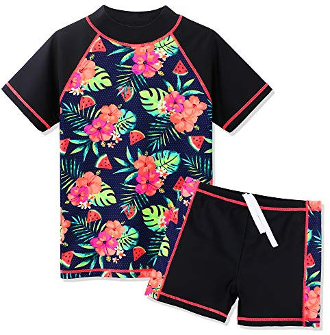 ZNYUNE Mädchen Zweiteiliger Badeanzug Stoffdruck Kinder Schwimmanzug Badehose Badebekleidung UV-Schutz 50+ Badeset Rash Guards Bademode S324 BlackFlower 12A