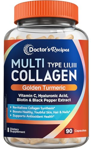 Doctor's Recipes Multi Collagen Peptides with Golden Turmeric, Vitamin C, Biotin, Hyaluronic Acid & Black Pepper, Collagen Supplements for Skin, Hair, Nail, Collagen for Women and Men, 90 Caps