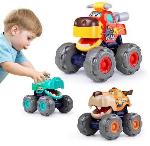 Toy Cars for 1 2 3 Year Old 3 Pack Monster Truck Toys Crocodile Bull Leopard Pull Back Car Big Wheel Animal Toy Trucks for Toddler 1-3 Baby Toys 12 18 Months Boy Girl Toddler Toy for 1 Year Old Gift