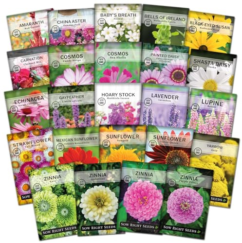 Sow Right Seeds - Large Flower Farm Seed Collection for Planting - Zinnias, Sunflowers, Daisies, Cosmos, Carnations, Stock & More - Attract Pollinators - Non-GMO Heirloom Varieties to Cut Bouquets