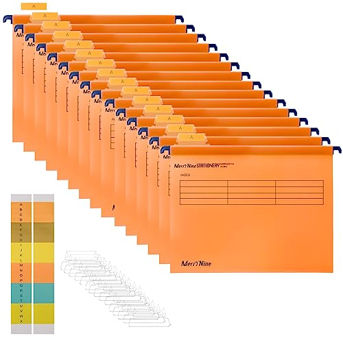 MerryNine Hängemappen, Polypropylen, Hängemappen mit Registern und Karteneinsätzen, für Schule, Zuhause, Arbeit, Büro, Organisation, Orange, Kanzleipapier, 15 Stück