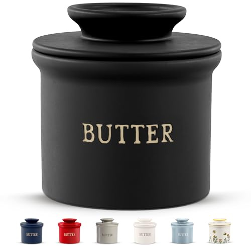 Kook Butter Crock with Lid, Soft Spreadable Butter, Ceramic French Butter Keeper to Leave On Counter with Water Line, Butter Dish, Home and Kitchen Decor, Perfect for Christmas Gift (Black)