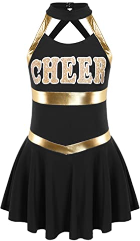 Doomiva Costume da cheerleading, da ragazza, da cheerleading, da ballo, da studentessa, uniforme, da cheer, senza maniche, Nero , 134-140