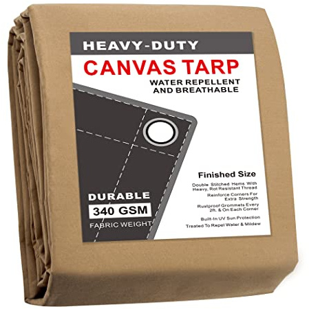 CARTMAN Finished Size 8x10 Feet Tan Canvas Tarp with Rustproof Grommets, 12 Oz Heavy Duty Multipurpose Tarpaulin Cover for Canopy Tent, Roof, Camping, Woodpile
