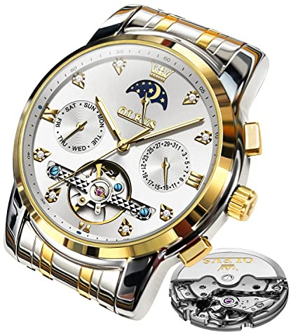 OLEVS Herrenuhren Automatik Mechanische Weiß Armbanduhr mit Skelettiertem Tourbillon Kalender Wasserdicht Leuchtende Klassische Luxus Armbanduhren für Herren