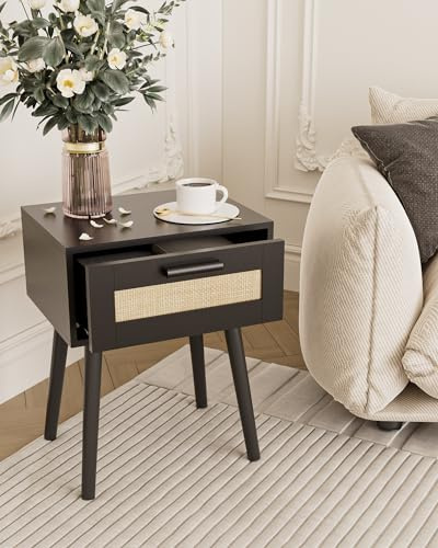 Tables de nuit modernes HEYZOEY en rotin avec tiroir - Pieds en bois massif, pour chambre à coucher ou salon (noir)
