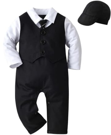 Lito Angels Boys Tuxedo Romper with Hat, Black, Age 18-24 Months