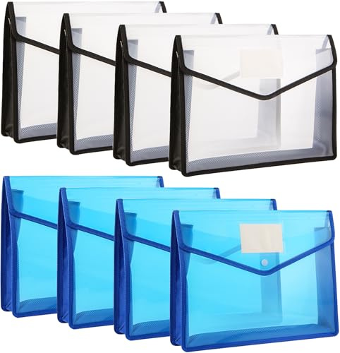 Dokumentväska A4, 8 stycken plastmappar, expanderbara mappar, samlarmappar, projektmappar med tryckknapp för A4-dokument, resor, kontor, dokument, skola (blå + svart)