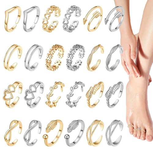 EORPAVU Bagues d'orteil, Anneaux de pied remplis pour femmes 24 pièces accessoires de pied réglables bijoux de pied (or, argent)