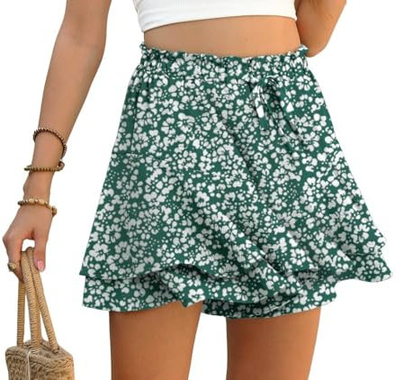 PrinStory Hosenrock Damen Kurz Rüschen Elastische Taille Shorts Sommer Weite Bein Kurze Hose Shorts Mit Mehrschichtigem Saum (Grüne Weiße Blume, M)
